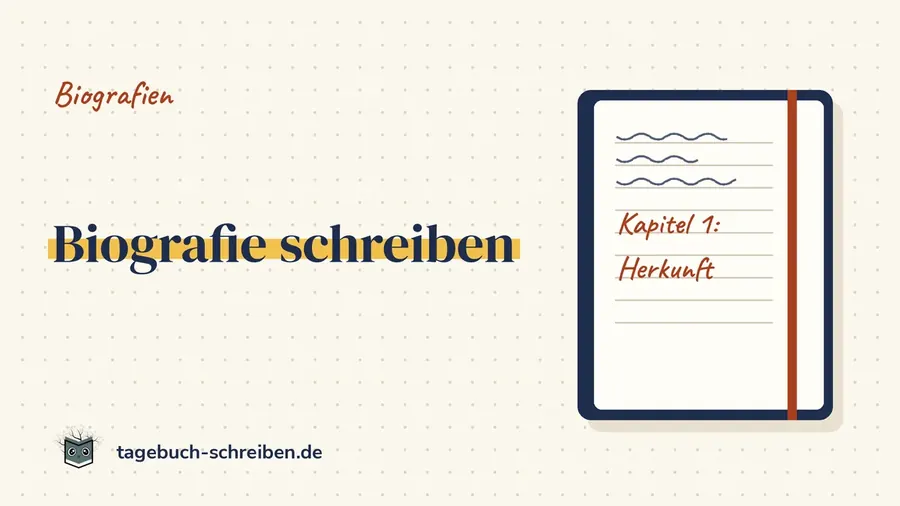 Schriftzug „Biografie schreiben“ auf gepunktetem Papier neben einem gezeichneten Notizbuch mit der Notiz „Kapitel 1: Herkunft“