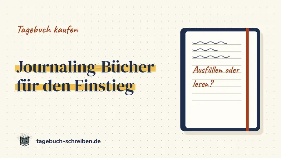 Schriftzug „Journaling-Bücher für den Einstieg“ auf gepunktetem Papier neben einem gezeichneten Notizbuch mit der Notiz „Ausfüllen oder lesen?“